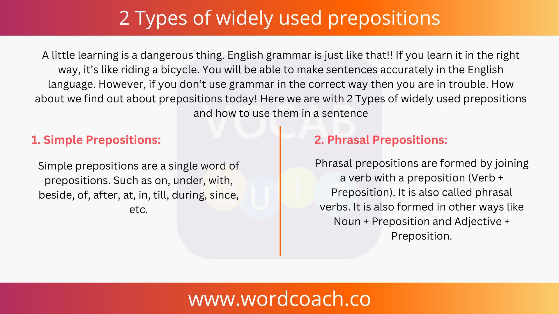 2 Types of widely used prepositions