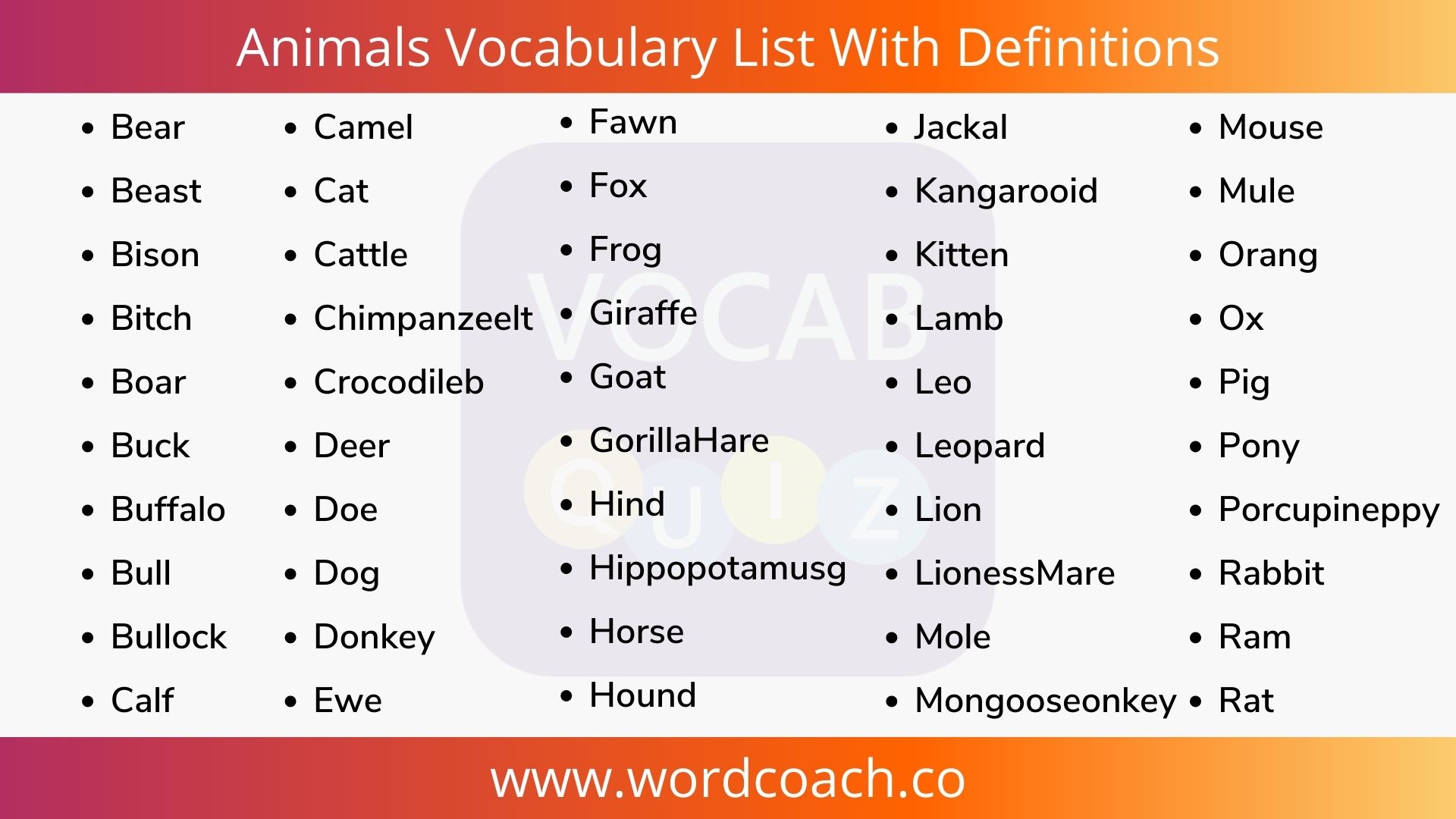 Animals Vocabulary List With Definitions