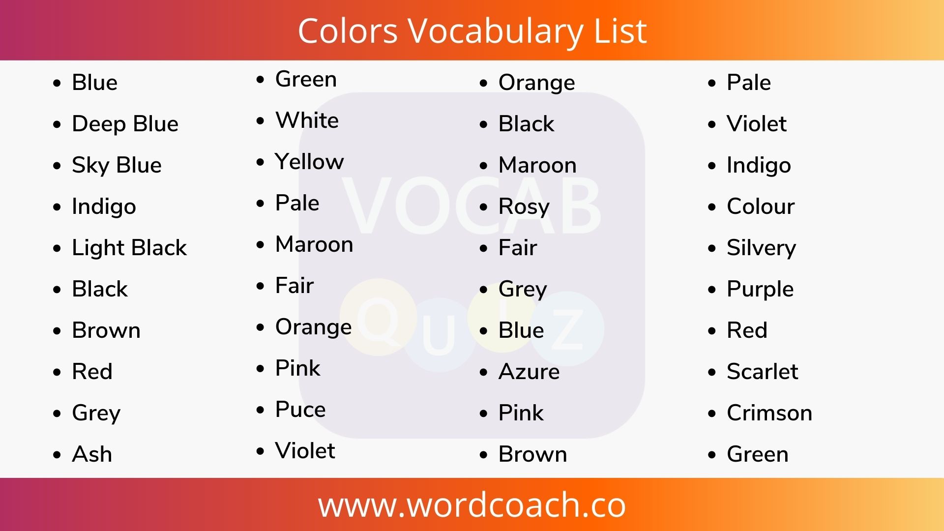 Colors Vocabulary List - wordcoach.co